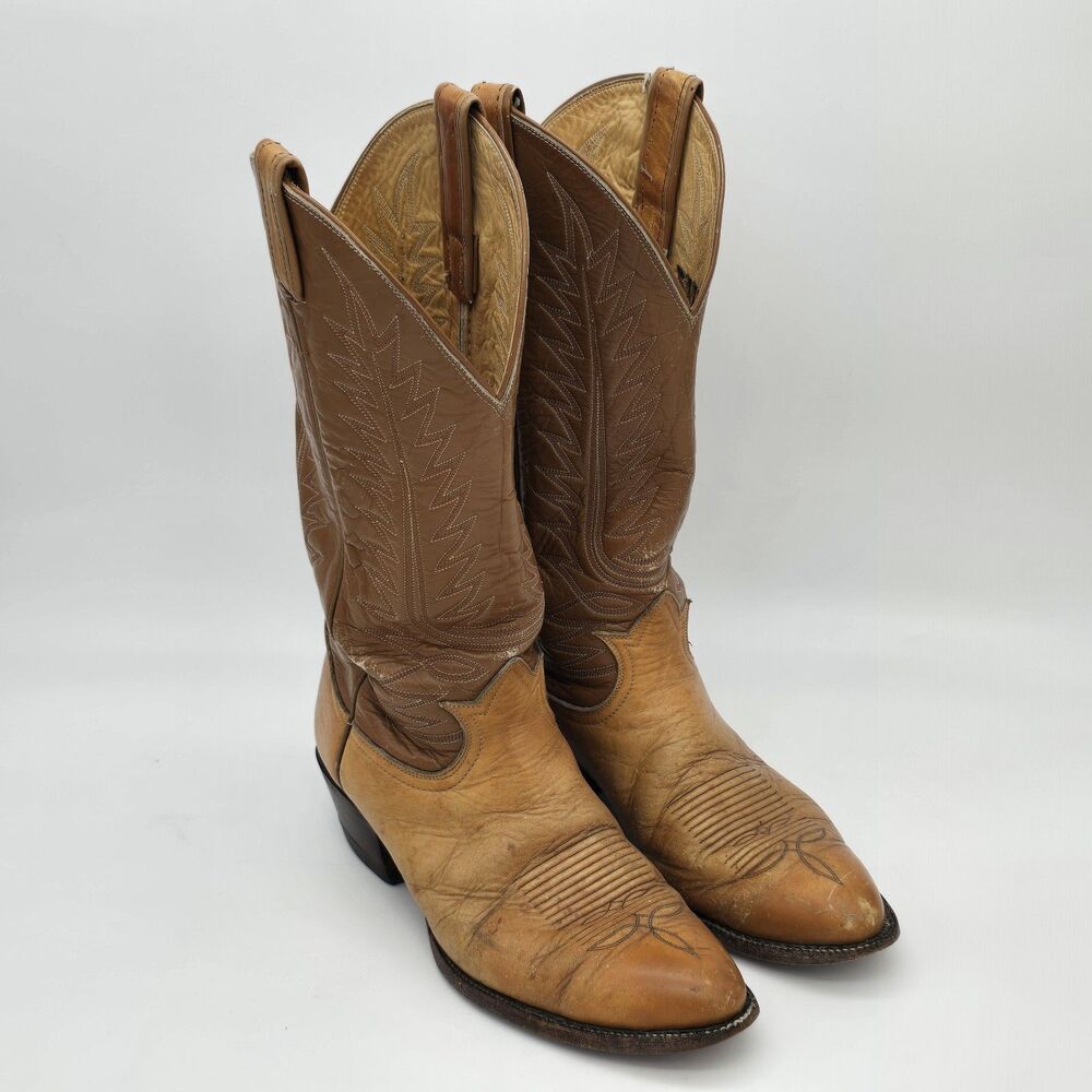 Vintage Tony Lama Cowboy Boots Two Tone Leather 6530 Size 9D Factory Defect